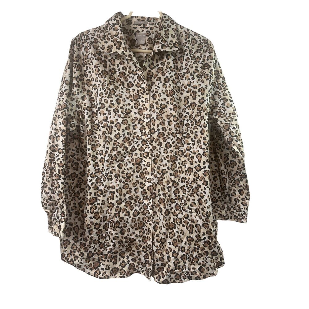 Chico’s Leopard Print No-Iron Button-Up Shirt | Effortless Chic | Size 3 (16/18)
